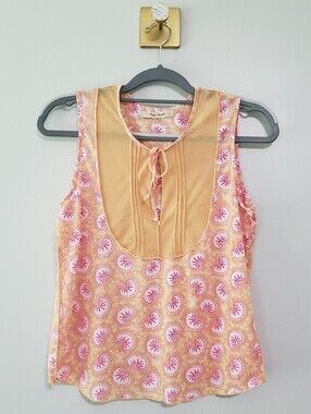 Free People Sleeveless Top Small XS Peach Pink Printed Tank Micromesh Vacation
